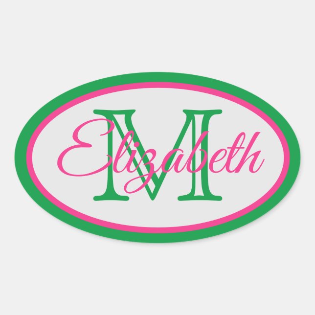 Preppy Pink and Green Monogram Oval Sticker (Front)