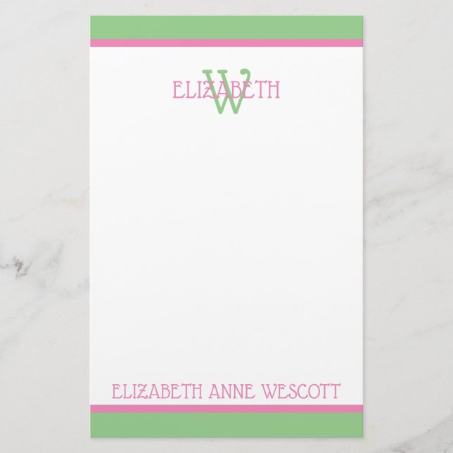Preppy Pink and Green Monogram Stationery (Front)
