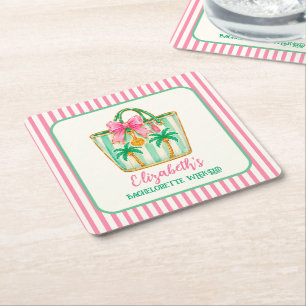Preppy Pink and Green Palm Beach Tote Bag Square Paper Coaster