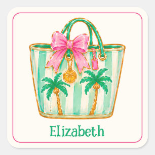 Preppy Pink and Green Palm Beach Tote Bag Square Sticker