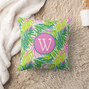Preppy Pink and Green Palm Leaves Monogram Cushion