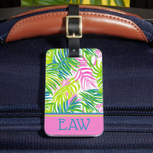 Preppy Pink and Green Palm Leaves Monogram Luggage Tag