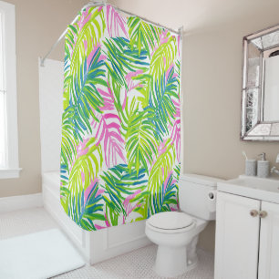 Preppy Pink and Green Palm Leaves Shower Curtain