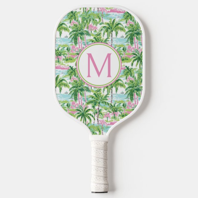 Preppy Pink and Green Palm Trees Monogram Pickleball Paddle (Front)