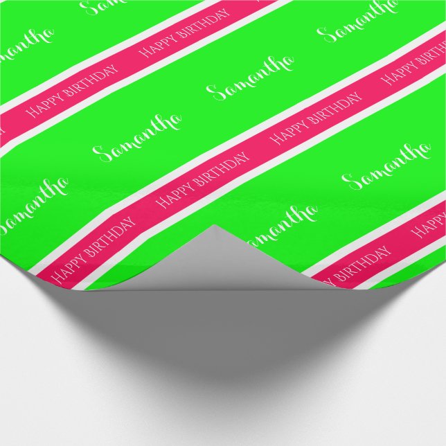 Preppy Pink and Green Personalised Stripe Wrapping Paper (Corner)