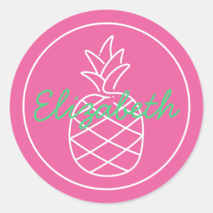 Preppy Pink and Green Pineapple Personalised Classic Round Sticker