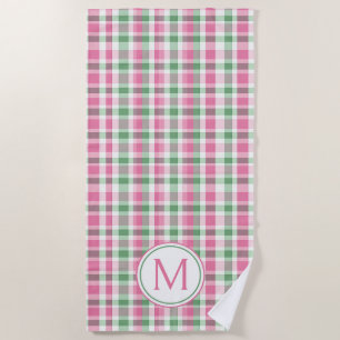 Preppy Pink and Green Plaid Monogram Beach Towel
