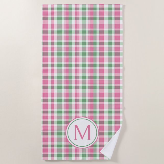 Preppy Pink and Green Plaid Monogram Beach Towel (Front)
