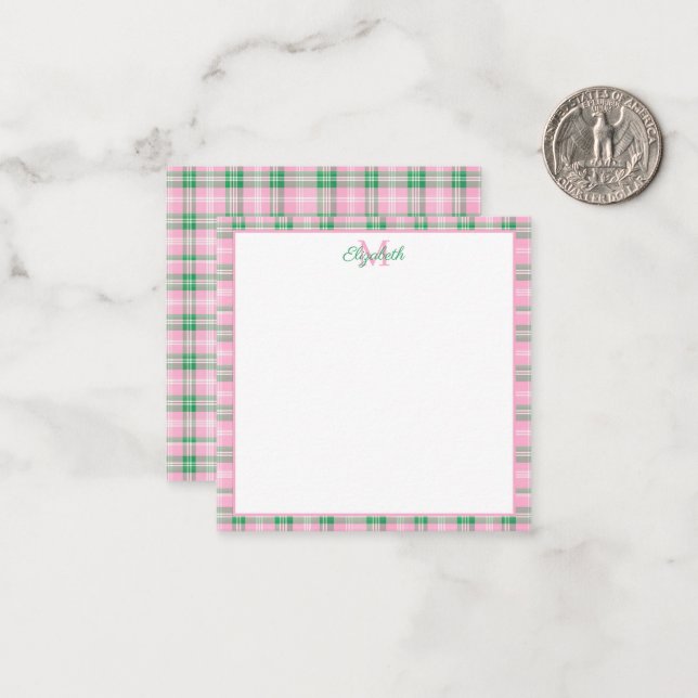 Preppy Pink and Green Plaid Monogram Card (Front/Back In Situ)