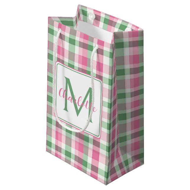 Preppy Pink and Green Plaid Monogram Small Gift Bag (Front Angled)