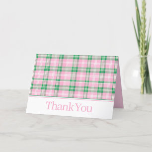 Preppy Pink and Green Plaid Monogram Thank You Card