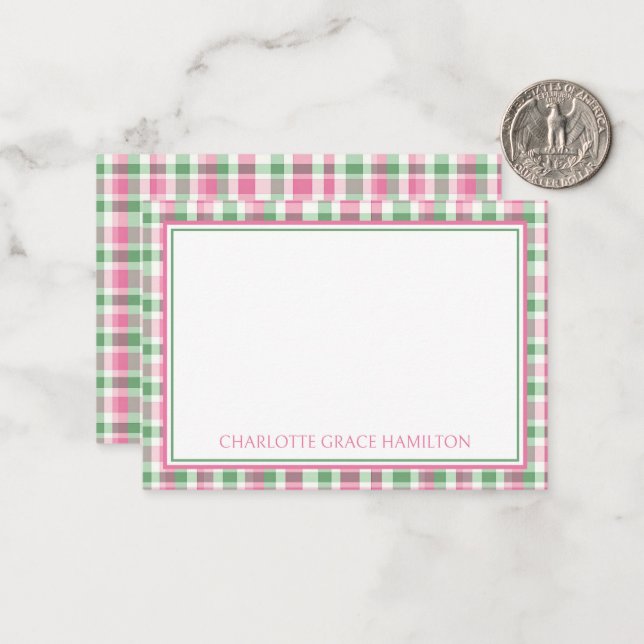 Preppy Pink and Green Plaid Personalised Card (Front/Back In Situ)