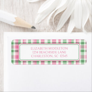 Preppy Pink and Green Plaid Personalised Return Address Label