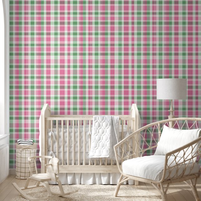 Preppy Pink and Green Plaid Wallpaper (Kids)