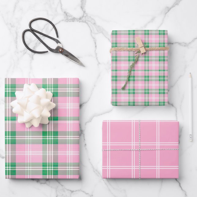 Preppy Pink and Green Plaid Wrapping Paper Sheet (Front)