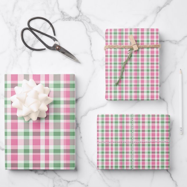 Preppy Pink and Green Plaid Wrapping Paper Sheet (Front)