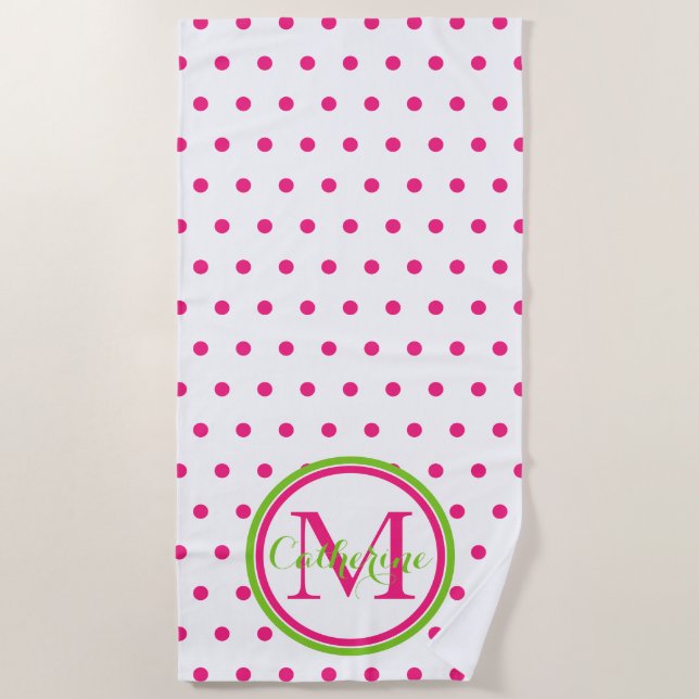 Preppy Pink and Green Polka Dot Monogram Beach Towel (Front)