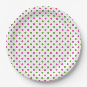 Preppy Pink and Green Polka Dots on White Paper Plate