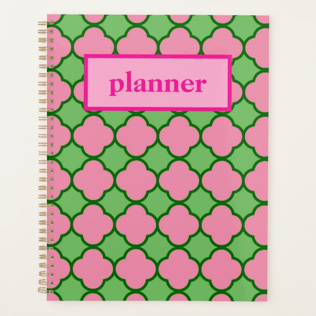 Preppy Pink and Green Quatrefoil Planner (Front)