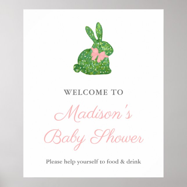 Preppy Pink And Green Rabbit Baby Shower Welcome Poster (Front)