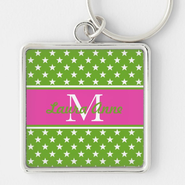 Preppy Pink and Green Stars Monogram Key Ring (Front)