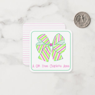 Preppy Pink and Green Stripe Bow Personalised Card