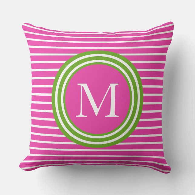 Preppy Pink and Green Stripe Monogram Cushion (Front)