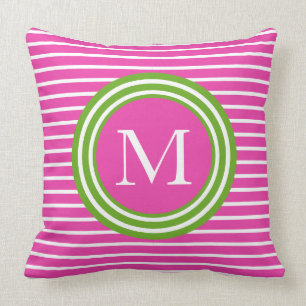 Preppy Pink and Green Stripe Monogram Cushion