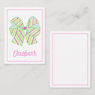 Preppy Pink and Green Striped Bow Personalised Card