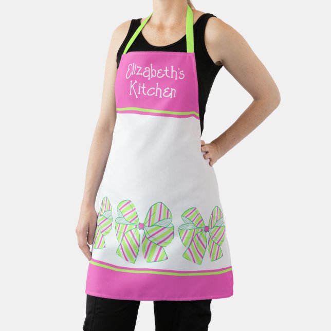 Preppy Pink and Green Striped Bows Personalised Apron (Insitu)
