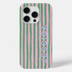 Preppy Pink and Green Striped Custom Name iPhone 15 Pro Case