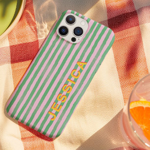 Preppy Pink and Green Striped Custom Name iPhone 15 Pro Case