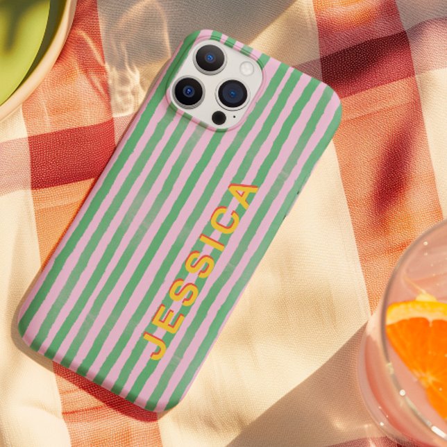 Preppy Pink and Green Striped Custom Name Case-Mate iPhone Case (Creator Uploaded)