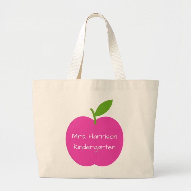 Preppy Pink and Green Teacher's Apple Personalised Large Tote Bag (Front)