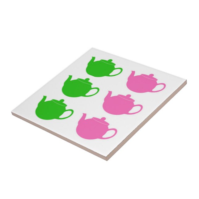 Preppy Pink and Green Teapots Ceramic Tile (Side)