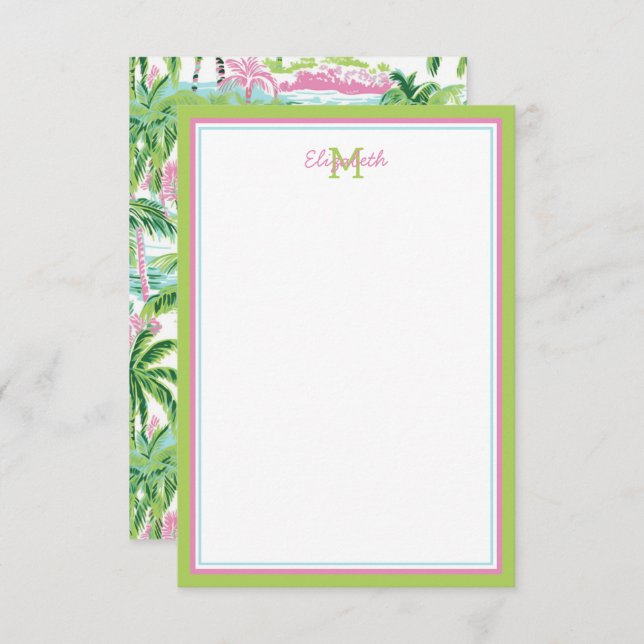 Preppy Pink and Green Tropical Palm Tree Card (Front/Back)