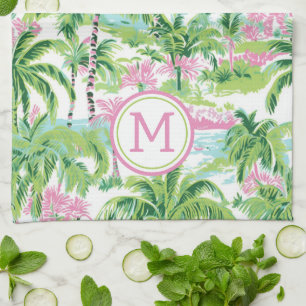 Preppy Pink and Green Tropical Palm Tree Monogram Tea Towel