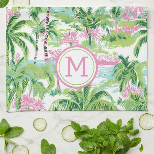 Preppy Pink and Green Tropical Palm Tree Monogram Tea Towel (Folded)