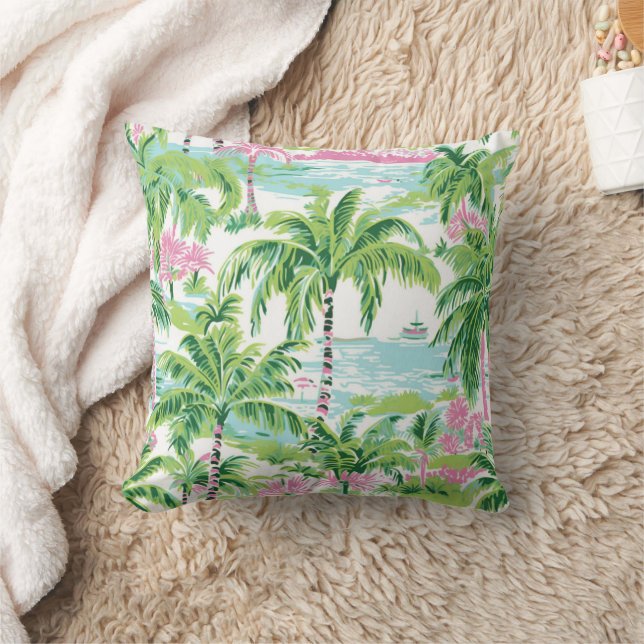 Preppy Pink and Green Tropical Palm Trees Cushion (Blanket)