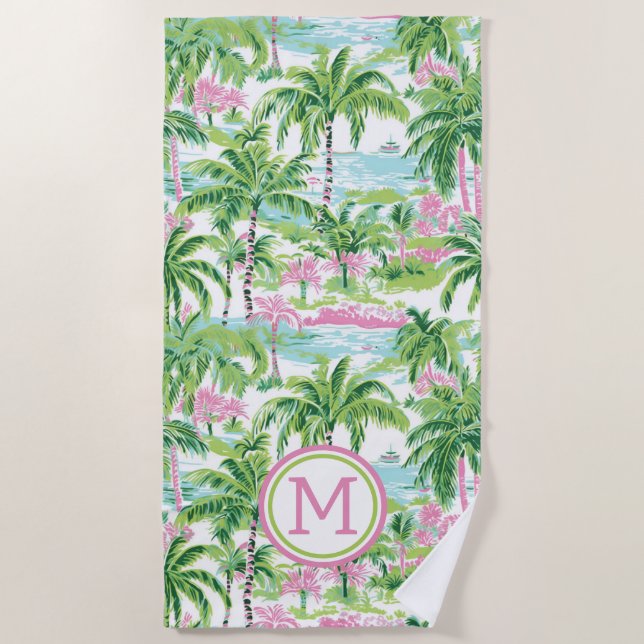 Preppy Pink and Green Tropical Palm Trees Monogram Beach Towel (Front)