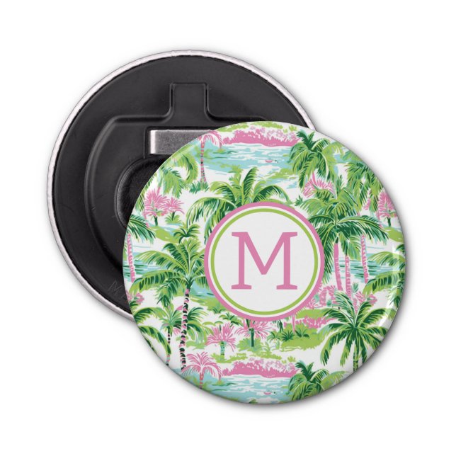 Preppy Pink and Green Tropical Palm Trees Monogram Bottle Opener (Front)