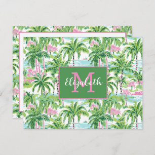 Preppy Pink and Green Tropical Palm Trees Monogram Card