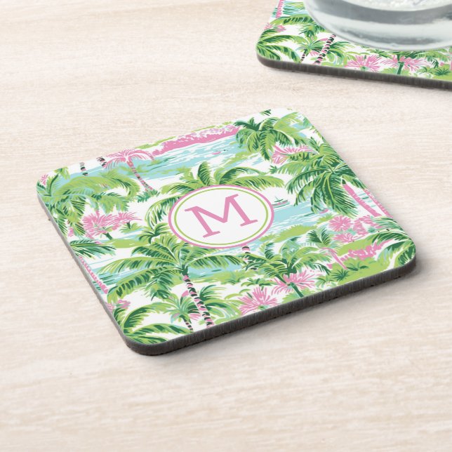 Preppy Pink and Green Tropical Palm Trees Monogram Coaster (Left Side)