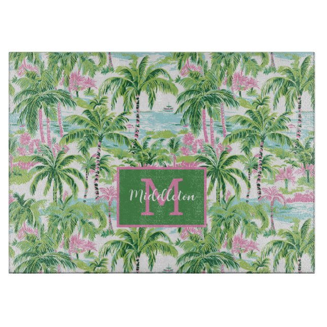Preppy Pink and Green Tropical Palm Trees Monogram Cutting Board (Front)