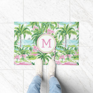 Preppy Pink and Green Tropical Palm Trees Monogram Doormat