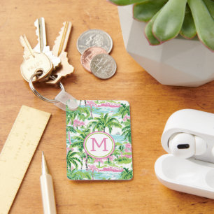 Preppy Pink and Green Tropical palm Trees Monogram Key Ring
