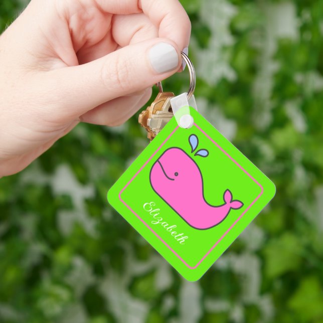 Preppy Pink and Green Whale Personalised Key Ring (Hand)