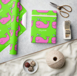 Preppy Pink and Green Whales Personalised Wrapping Paper