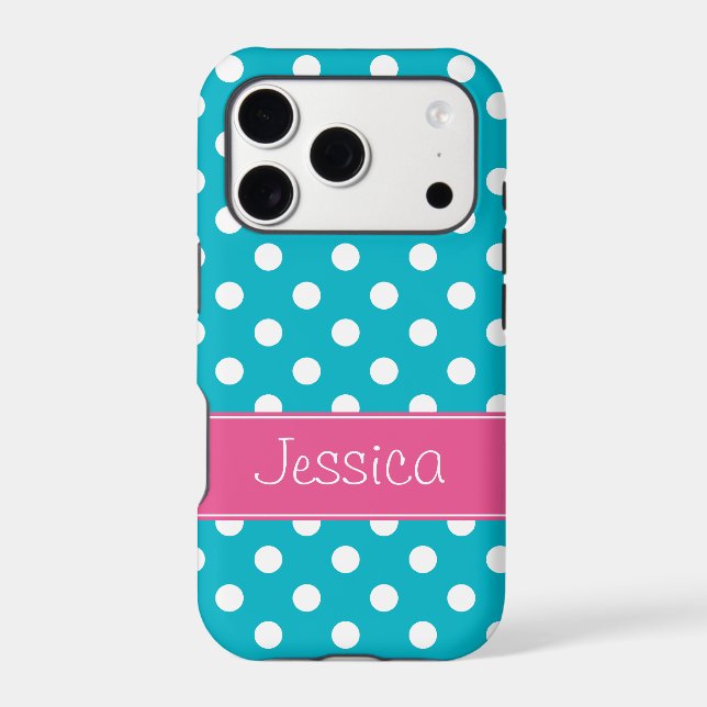 Preppy Pink and Teal Blue Polka Dots Personalised (Back)