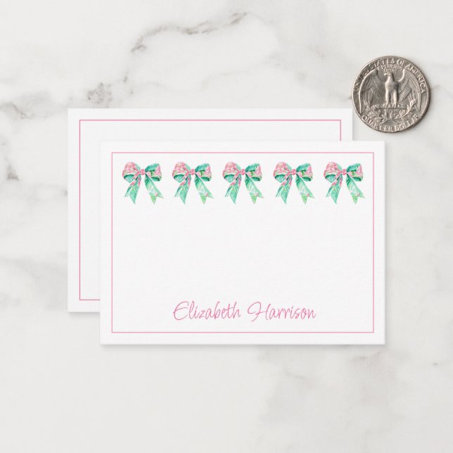 Preppy Pink and Turquoise Floral Bows Card (Front/Back In Situ)
